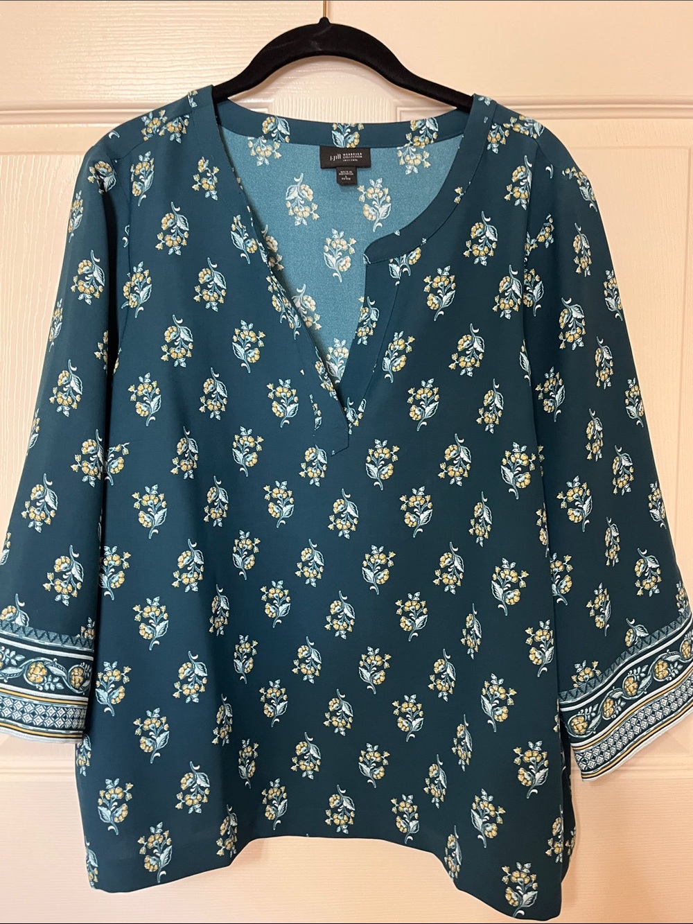 J. Jill Teal Floral Split V-Neck Blouse with Patterned Cuffs